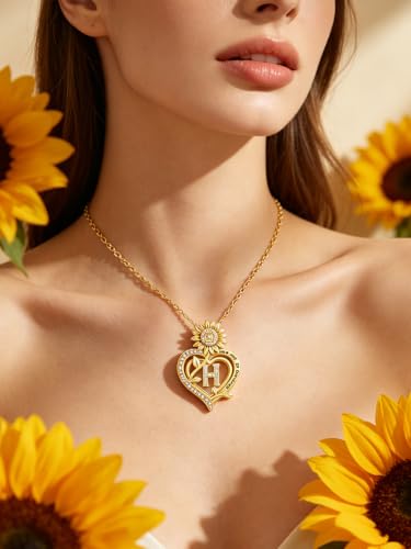 14K Gold Sunflower Initial Necklaces for Women | Heart Letter Pendant You Are My Sunshine Jewelry Gifts - style: H