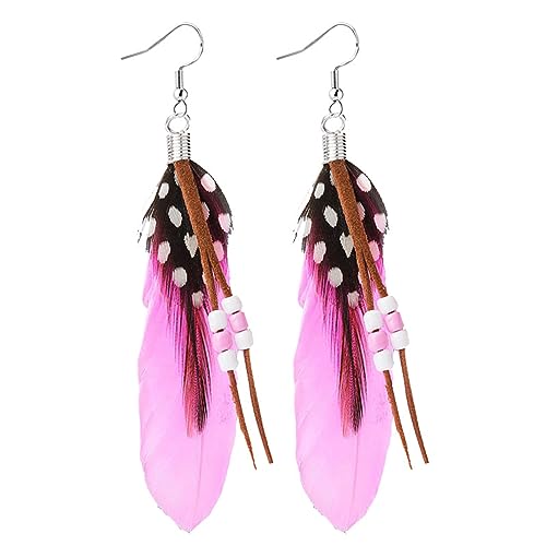 Feather Earrings for Women Vintage Bohemian Earrings Long Drop Dangle Earrings Feather Tassel Mesh Pendant Earrings Boho Fashion Personalized Flowing Lightweight Earrings Statement Unique Feather Earrings Handmade Jewelry - color: Pink