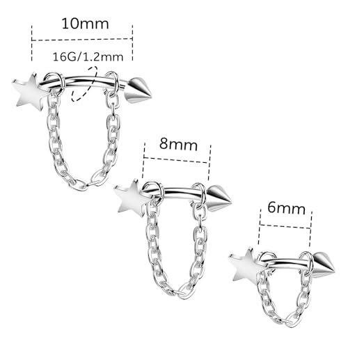3 Pcs 316L Stainless Steel 16G Tragus Helix Rook Piercing Jewelry with Chain, Cartilage Earrings for Women, Belly Button Ring Vertical Labret Lip Piercing Jewelry - color: Silver, size: Star