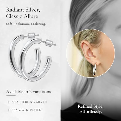 18K Gold Plated Sterling Silver Earrings for Women – Pure & Polished, Twist, Square, Hinged Tube, Abstract & Heart Shape Hoops – Lightweight, Hypoallergenic, Non-Tarnish Jewelry (Sizes: 3x35mm-46x30mm) - color: Silver, size: Polish Hoop (4x35x40mm)