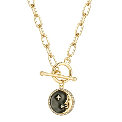 DoreenBeads 18K Gold Sun Moon Star Compass Pendant Necklace | Chunky Toggle Paperclip Chain Necklace with Heart Daisy Bee Charms for Women Girls 20 Inches - color: Man in the Moon
