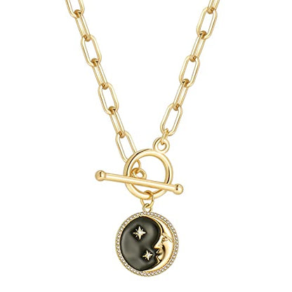 DoreenBeads 18K Gold Sun Moon Star Compass Pendant Necklace | Chunky Toggle Paperclip Chain Necklace with Heart Daisy Bee Charms for Women Girls 20 Inches - color: Man in the Moon