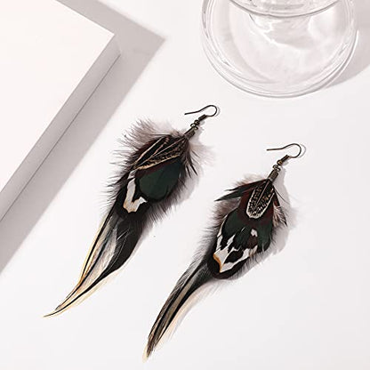 Bohemian Long Feather Earrings for Women Handmade Natural Dangle Tassel Jewelry - color: Style A