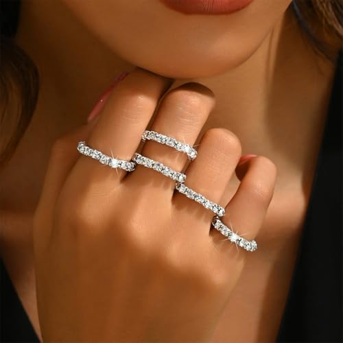 Bling Rhinestone Stretch Rings Set for Women Trendy, Funky Cute Sparkly Cubic Zirconia Stackable Knuckle Ring Y2K Party Prom Jewelry Gift Accessories