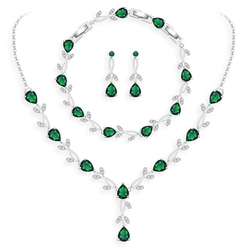 GZWHD Wedding Jewelry Sets for Bride Bridesmaid Women Cubic Zirconia Necklace Earrings Bracelet Set Gift for Mother Friend Wife Daughter Sister Party Prom Jewelry - color: Green
