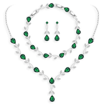 GZWHD Wedding Jewelry Sets for Bride Bridesmaid Women Cubic Zirconia Necklace Earrings Bracelet Set Gift for Mother Friend Wife Daughter Sister Party Prom Jewelry - color: Green