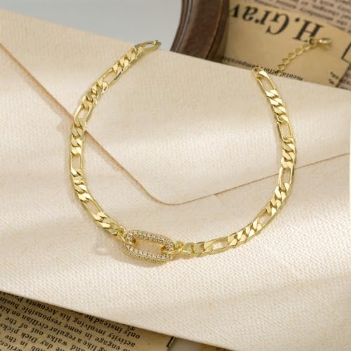 Moodear Gold Ankle Bracelets for Women Waterproof,14K Gold Plated Anklets | Waterproof, Non Tarnish Cuban Link Anklets, Trendy Jewelry Accessories for Summer Vacation, Beach Gifts for Women - style: Figaro CZ Paperclip