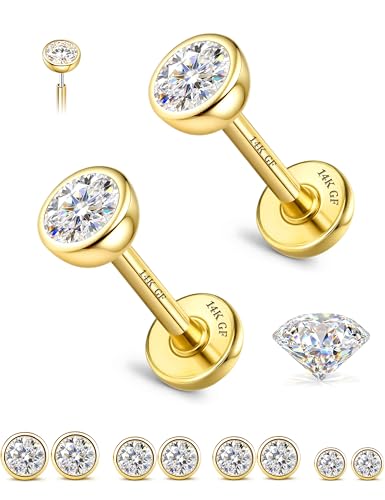 8 Pcs Moissanite Nose Studs Flat Back Earrings 16G/18G/20G | 14K Gold Plated Hypoallergenic Nose Studs, Moissanite Nose Rings for Women Men, Lip, Helix, Conch Piercing Jewelry, Flat Back - color: Gold| 16G(1.2MM)-Bar-6/8MM&Moissanite-2/3/4MM