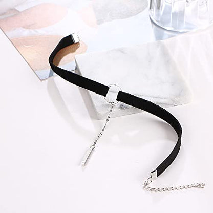 PAMTIER Womens Black Velvet Circle Round Chrams Pendant Ribbon Gothic Collar Choker Necklace with Beads - color: Font Pendant Silver
