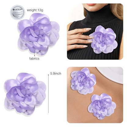 2Pack 6inch Extra Large Satin Brooches Lapel Pins Dainty Elegant Fabric Camellia Rose Flower Brooch Pin for Women Wedding Part Dance Clothes Accessories Jewelry - color: Light Purple