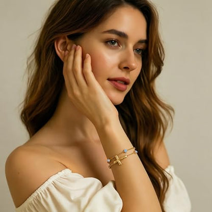 Midari 18K Yellow Gold Gemstone Birthstone Anklet Bracelet Cross Jewelry with 12 Months Birthstone Birthday Gifts for Women Wife Her Daughter Mom - color: 03-Mar-Aquamarine, size: Bracelet 7"-9"