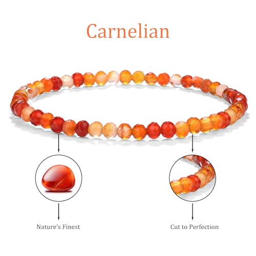 Natural Faceted Crystal Bracelet for Women,4mm Gemstone Round Beads Bracelets Adjustable Stretchy Healing Crystal Beads Bracelets Dainty Jewelry Gift - color: Carnelian