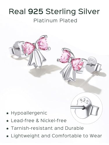 ChicSilver 925 Sterling Silver Bow/Butterfly Earrings for Women Hypoallergenic Birthstone Earrings Dainty Bow/Butterfly Jewelry Gift for Women - color: Bow-October-Tourmaline
