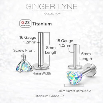 Titanium Heart CZ Labret Stud Earrings for Piercings by Ginger Lyne 6Pc Set G23 Screw Front Flat Back Body Jewelry 2 pair post 6mm, 8mm Cartilage, Helix, Tragus, Lip, Conch, Lobe - color: 3mm-AuroraBorealis