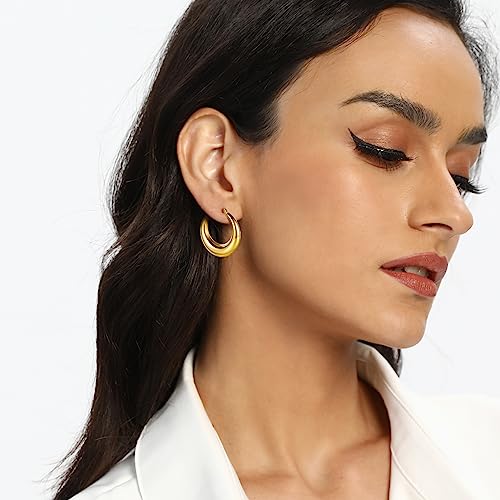 316L Chunky Stainless Steel Hoop Earrings, Fashionable Lightweight Hollow Open Hoops, Hypoallergenic Whtie Gold Plated Pipe Earrings for Women - style: 30mm, Yellow Gold