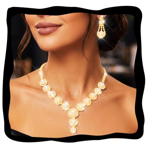 Nicute Pearl Jewelry Set Sparkly Rhinestone Necklace Earrings Sets Prom Costume Bridal Jewelry Set for Women - color: Gold