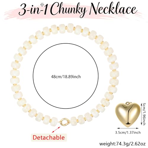 Chunky Heart Necklaces for Women Colorful Resin Beaded Necklaces for Women Gold Puffy Heart Statement Necklace Trendy Acrylic Choker Jewelry Gift - color: B-White