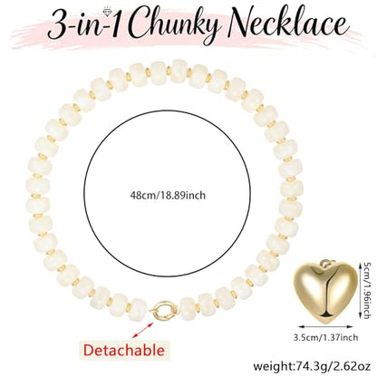 Chunky Heart Necklaces for Women Colorful Resin Beaded Necklaces for Women Gold Puffy Heart Statement Necklace Trendy Acrylic Choker Jewelry Gift - color: B-White
