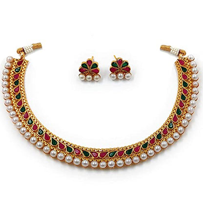 Aheli Ethnic Faux Kundan Pearl Fancy Bridal Choker Necklace Indian Traditional Bollywood Jewelry Set with Earrings Gift for Women - color: Red & Green