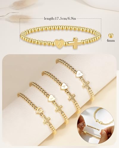 TLY Gold Beaded Bracelets for Women Cross Initial Elastic Stretch Bracelet | 14K Gold Plated Dainty Cute Trendy Friendship Bracelets Stack A-Z Heart Letter Charm Bracelet Jewelry Gifts for Women Teen - color: E