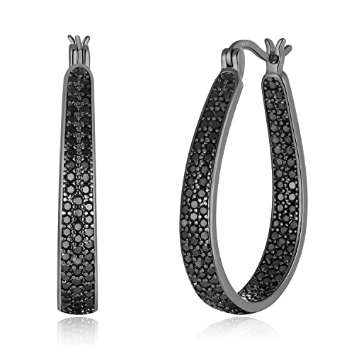 925 Sterling Silver Post Hoop Earrings for Women Gilrs Multcolors Cubic Zircon Hoops 14K Gold Plated Oval Chunky Hoop Earrings Jewelry Gift for Mothers Day/July 4th/Wedding/Party/Christmas - color: Black