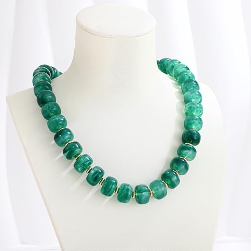 Chunky Beads Necklace for Women Trendy Gold Puffy Heart Choker Necklace Colorful Resin Beaded Heart Pendant Necklaces Statement Jewelry - color: Round-Deep Green