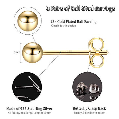 EPIRORA Sterling Silver Stud Earrings for Women Men- 3 Pairs 3mm Tiny Ball Stud Earrings Round CZ Earrings Pearl Earrings Set Cartilage Small Tragus Earrings - style: 3 Pairs-Round Ball Earrings(Gold)