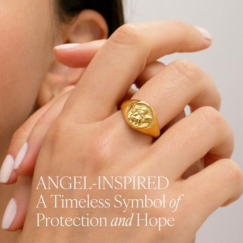 Gold Chunky Signet Stackable Pinky Ring for Women Men, Guardian Angel Cherub, Tarnish-Resistant 18K Gold Plated Stainless Steel Size 3 4 5 6 7 8 9 10 11 - color: Gold