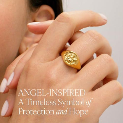 Gold Chunky Signet Stackable Pinky Ring for Women Men, Guardian Angel Cherub, Tarnish-Resistant 18K Gold Plated Stainless Steel Size 3 4 5 6 7 8 9 10 11 - color: Gold