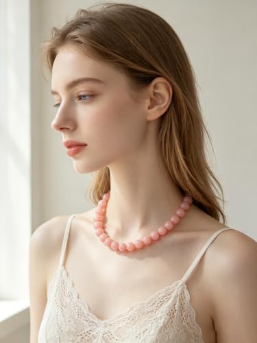 Chunky Beaded Necklace for Women 16mm Round Bead Resin Modern Statement Necklace Jewelry Accessories - color: light pink