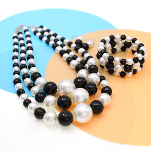 JNF Faux Pearl Statement Necklaces Big Beaded Necklace for Women Chunky Pearls Necklace and Earring Set Large beads Costume Necklace - color: Black white pearl necklace