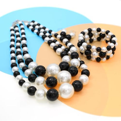 JNF Faux Pearl Statement Necklaces Big Beaded Necklace for Women Chunky Pearls Necklace and Earring Set Large beads Costume Necklace - color: Black white pearl necklace