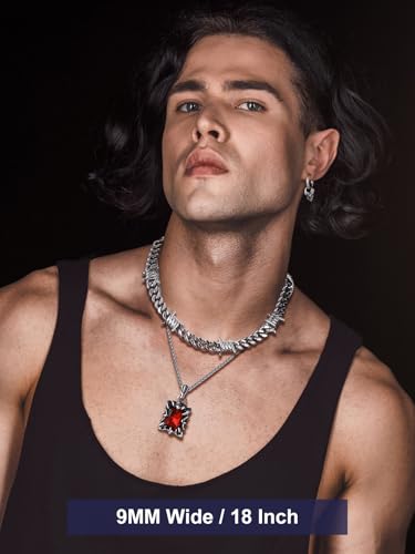 Bandmax Stainless Steel Barbed Wire Cuban Chain Necklace for Men & Women | Edgy Fierce Design, Waterproof & Tarnish Resistant, Silver/Black Tone, 5/7/9/12MM, 16-22 Inches, Street Punk Style Jewelry - color: A1 9MM-Silver, size: 18 Inch (46cm, Pop Choice)