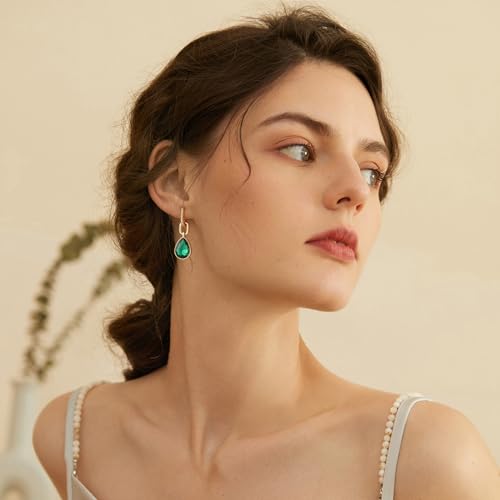 Crystals Teardrop Dangle Drop Earrings, 18K Gold Plated Hoop Earrings Zirconia Jewelry for Women Gifts - color: Green-Long