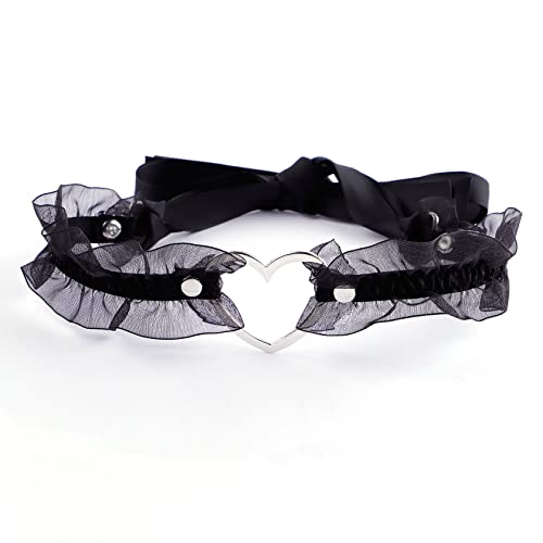 Eigso Velvet Gothic Garter for Women Heart Leg Ring with Rivets Elastic Lace Bracelets Choker Set - color: Black - A3