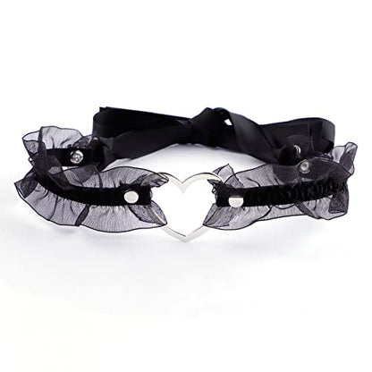 Eigso Velvet Gothic Garter for Women Heart Leg Ring with Rivets Elastic Lace Bracelets Choker Set - color: Black - A3
