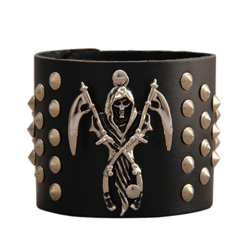 JAOYU Punk Leather Cuff Bracelet Goth Leather Wristband Rock Bracelet Biker Bracelet for Men Leather Armband Black Handmade Jewelry - color: Death Skull Bracelet Black