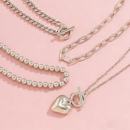 Chunky Layered Necklaces for Women, Stackable Paperclip Chain Necklace Set with Coin & Heart Pendants, Trendy Statement Jewelry for Everyday Wear and Gift Giving - color: Silver