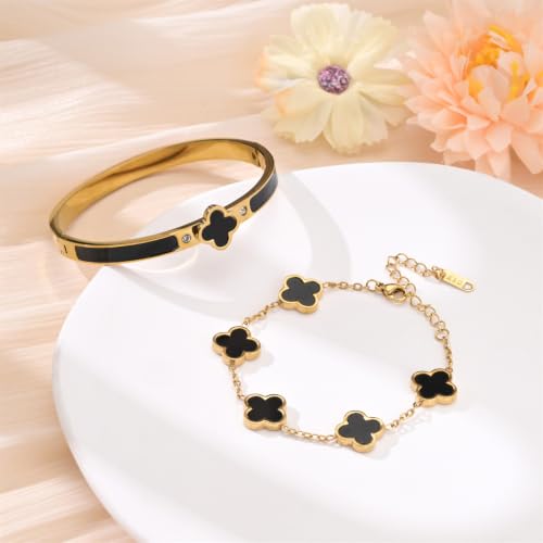 Gold Clover Bangle Bracelets for Women Men 2pcs Bracelet Stack | 18K Gold Plated Stainless Steel Non Tarnish,Chunky Black and White Jewelry,Four Leaf Clover Bracelet Bangles gifts for women - color: Gold-Black Set