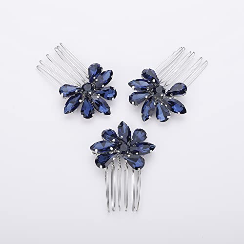 Teyglen Simple Rhinestones Crystal Bride Wedding Hair Comb Set Handmade Red Blue Black Crystal Side Hair Combs Bridal Hair Jewelry Set for Women Bride Girls (Dark Blue) - color: Dark Blue