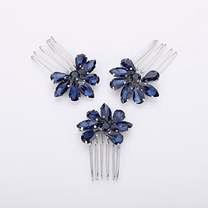 Teyglen Simple Rhinestones Crystal Bride Wedding Hair Comb Set Handmade Red Blue Black Crystal Side Hair Combs Bridal Hair Jewelry Set for Women Bride Girls (Dark Blue) - color: Dark Blue