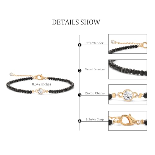 Raicegs Anklets for Women Handmade Beach Boho Ankle Bracelet 3mm Natural Stone Beaded Ankle Bracelet 14K Gold Plated Zircon Pendant Adjustable Crystal Gemstone Anklet Jewelry Gift for Her - color: Black Tourmaline