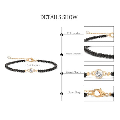 Raicegs Anklets for Women Handmade Beach Boho Ankle Bracelet 3mm Natural Stone Beaded Ankle Bracelet 14K Gold Plated Zircon Pendant Adjustable Crystal Gemstone Anklet Jewelry Gift for Her - color: Black Tourmaline