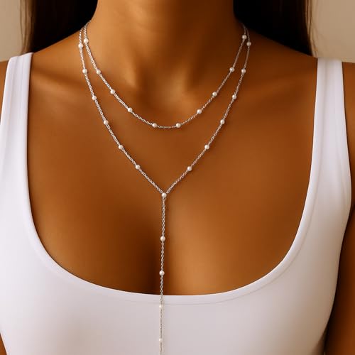 HAXIYA Lariat Long Silver Pearl Necklace Jewelry Set Bracelet Earrings | Sterling Silver Pearl Y Shaped Necklace and Earring Set with Bracelets Chain Simple Jewelry Wedding