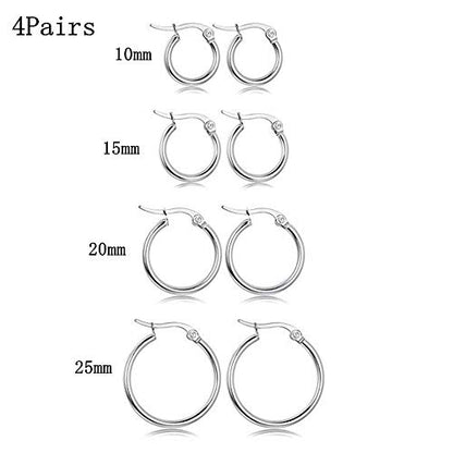4 Pairs Stainless Steel Round Hoop Cute Huggie Earrings For Women Small Hoop Earring Set(10mm,15mm,20mm,25mm) - color: Silver Tone-4Pairs