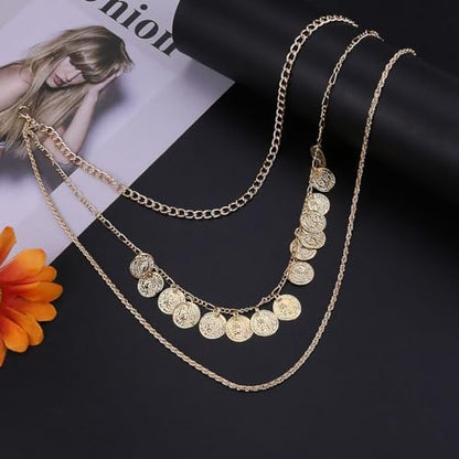 Todenb Layered Gold Pirate Necklace for Women Chunky Chain Pirate Jewelry 80s 90s Coin Pendant Necklace Pirate Costume Accessories - color: cir g