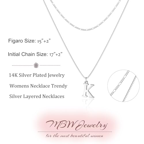 MBW Dainty Silver Layered Initial A-Z Pendant Necklaces for Women Thin | Simple Waterproof 925 Silver Plated Necklace Figaro Choker Monogram Name Jewelry Set Personalized - color: Silver InitIal NK-K