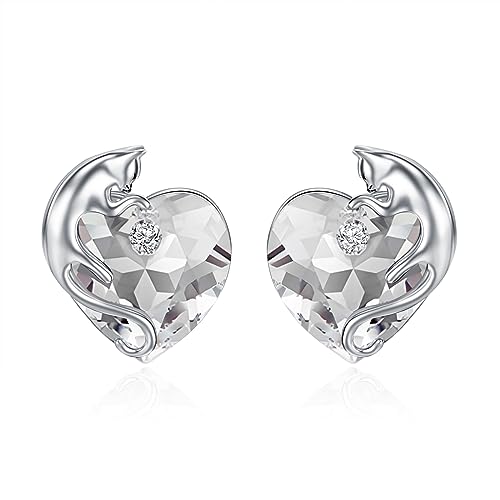 AOBOCO 925 Sterling Silver Cute Cat Studs Earrings for Women | Heart Crystals from Austira Cats Jewelry Gifts for Cat Lovers - color: Clear White