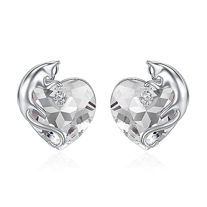 AOBOCO 925 Sterling Silver Cute Cat Studs Earrings for Women | Heart Crystals from Austira Cats Jewelry Gifts for Cat Lovers - color: Clear White