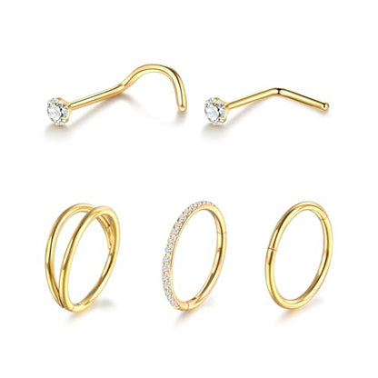 Xpircn 5pcs Hoop Nose Rings and L Shaped Nose Rings Stud Set 18G/20G Stainless Steel CZ Helix Conch Daith Tragus Cartilage Hoop Earrings for Women 6mm 7mm 8mm 10mm - color: Gold, size: 20G, 8mm hoop & 7mm studs